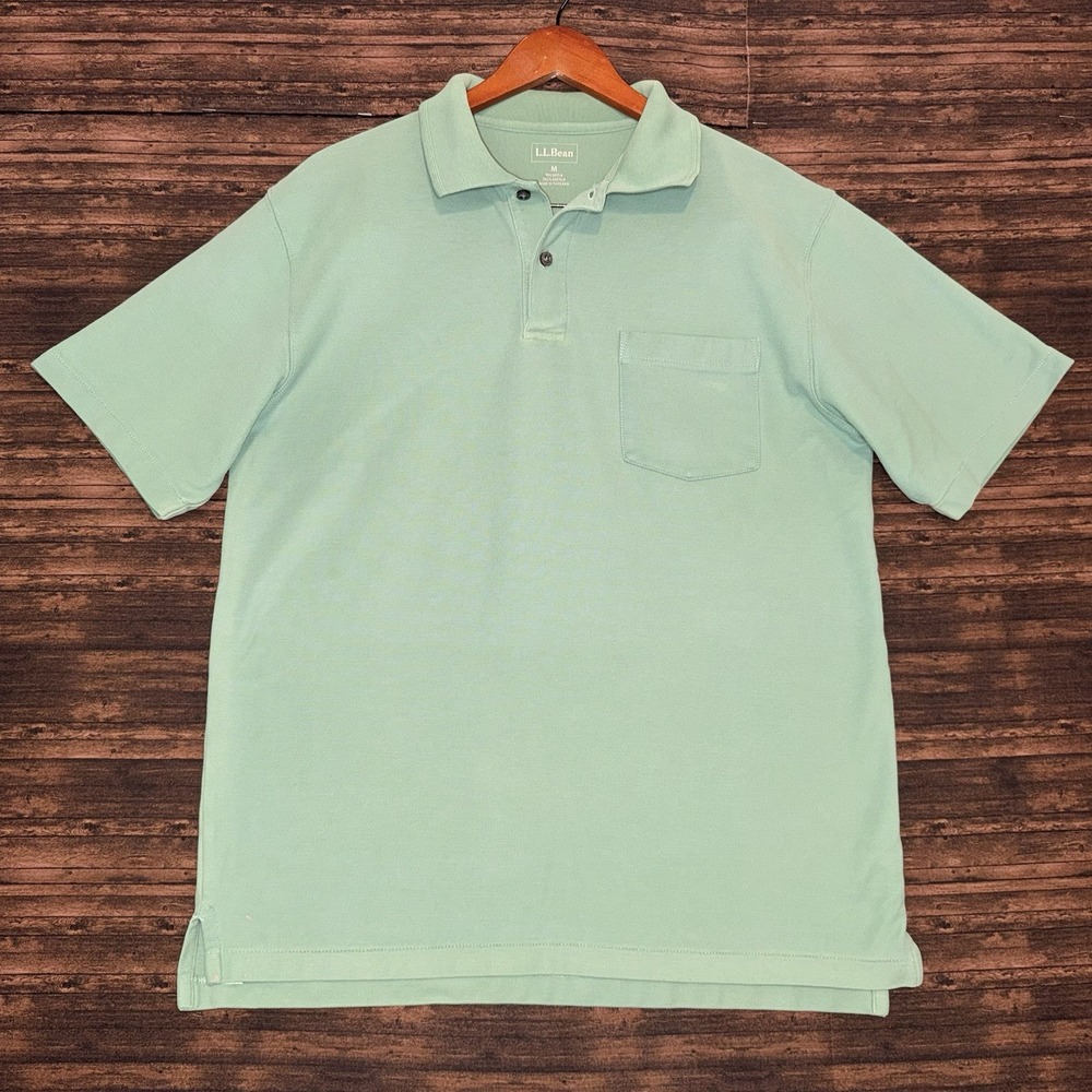 L.L. Bean Premium Double L Polo Shirt Mens Medium Aqua Green Pique Knit Cotton